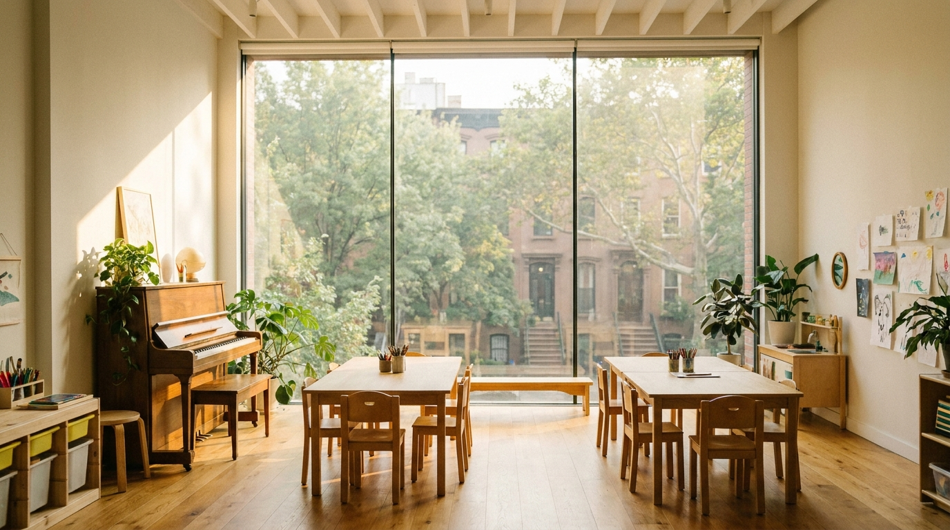 Bright Brooklyn Heights studio with a piano, tables and chairs